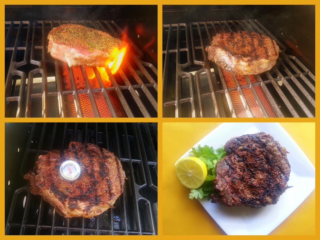 Cocinando filete de chuleta en el asador