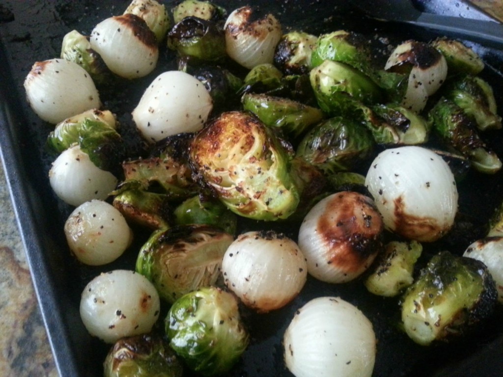 Grilled Brussels Sprouts and Onions out of the oven #ABRecipes