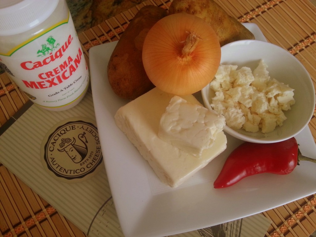 Ingredients to prepare potato cream soup with Cacique Cheese and Crema Mexicana