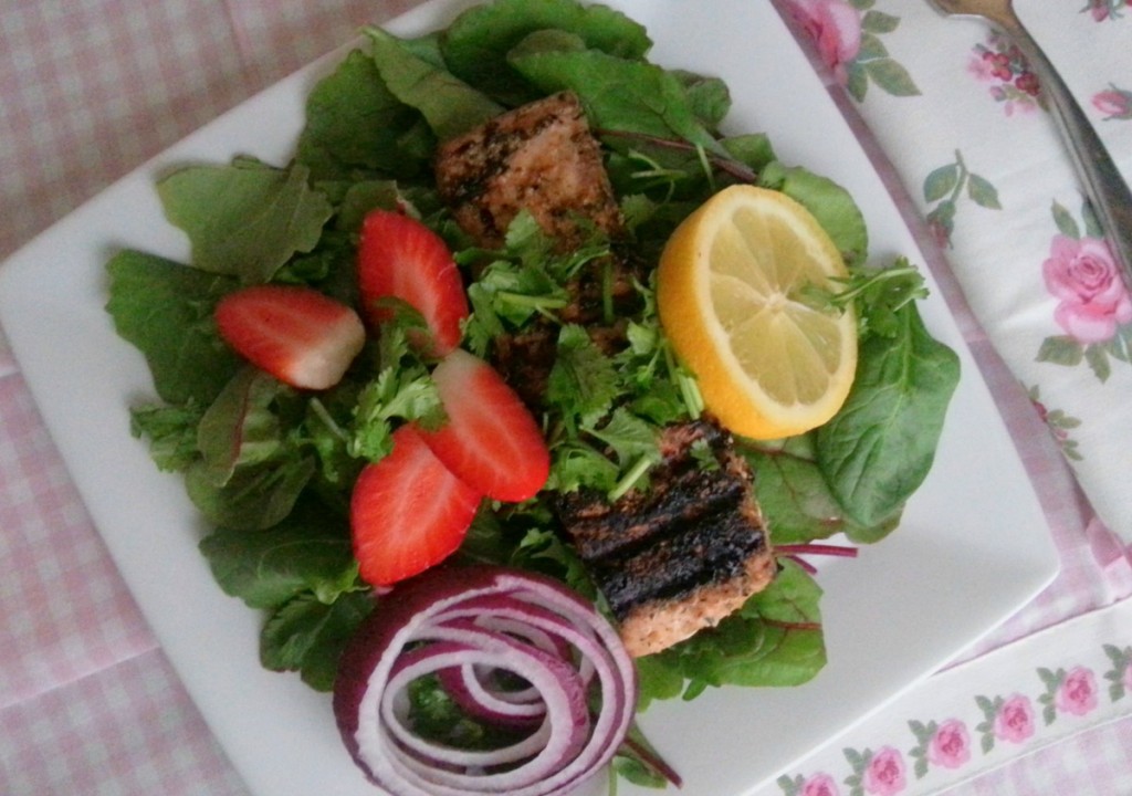 Plated Grilled Salmon Salad with Kale and Strawberries #ABRecipes