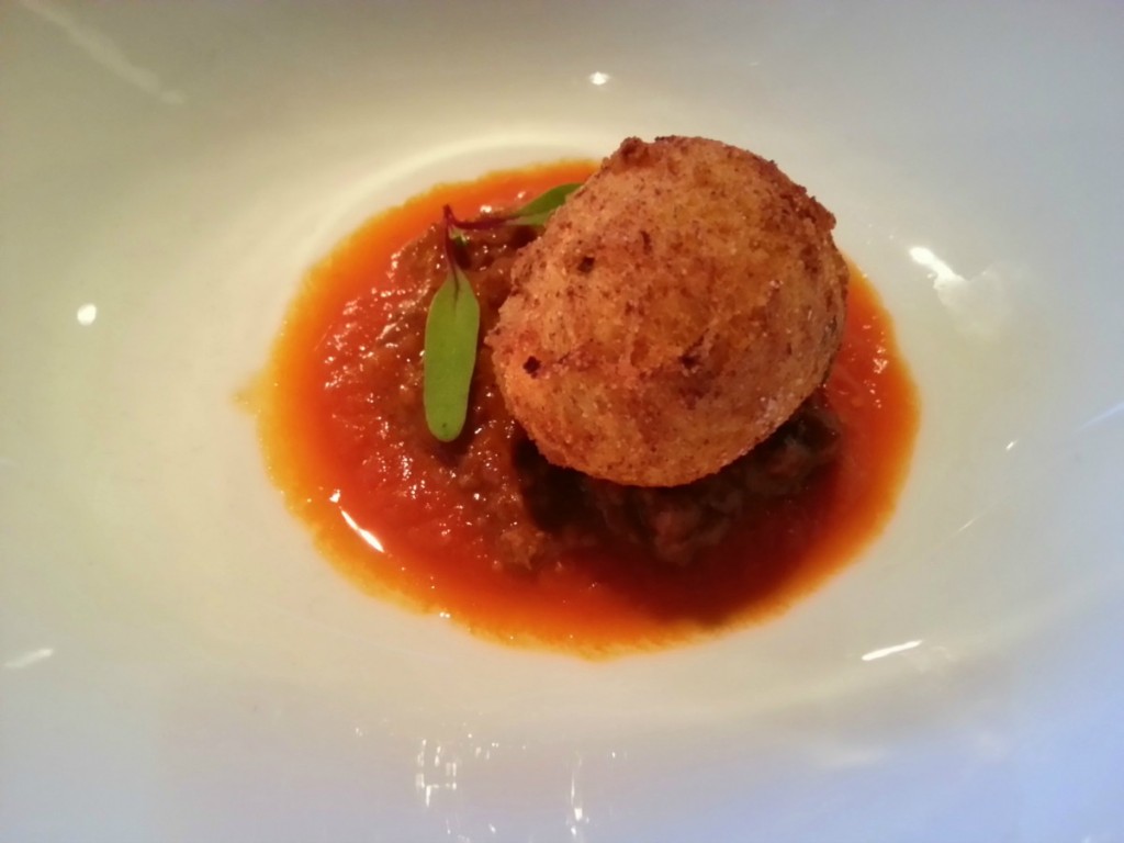 Brandade Fritter, Smoke Tomato Bolognese by Chef James Petrakis from Cask & Larder #ABRecipes