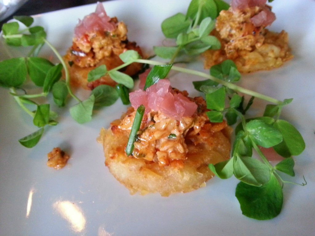 Charmoula Chicken, Salt and Vinegar Potatoe Crisp, Pickled Red Onions by Chef Kathleen Blake - The Rusty Spoon #ABRecipes