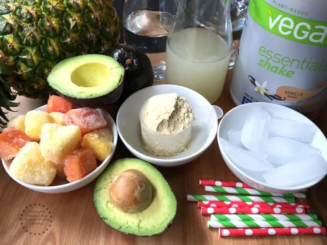 Ingredients for making the Mexican Green Smoothie with Avocado and Vega Essentials Vanilla Flavor #BestLifeProject #ad