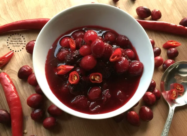 Spicy Blackberry Cranberry Sauce with lemon peel, chile de árbol and a touch of sriracha