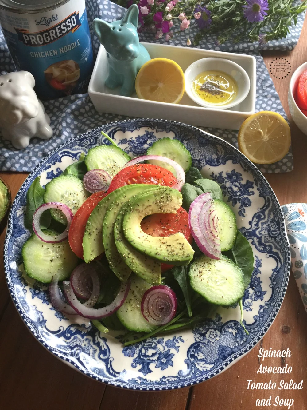 Progresso Light Chicken Noodle paired with a spinach avocado tomato salad makes a complete tasty meal