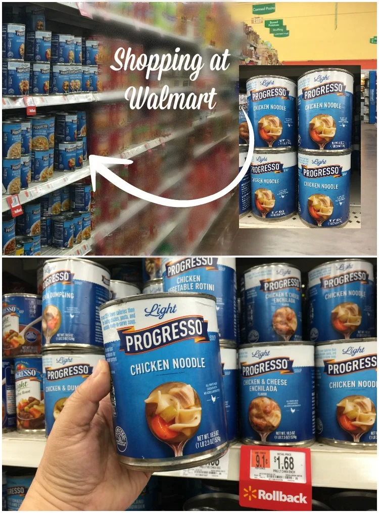 Shopping at Walmart for Progresso Light Chicken Noodle soup 