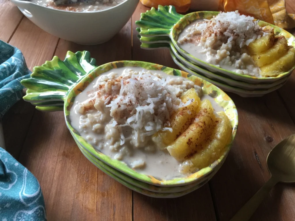 a bowl with a milky dessert 