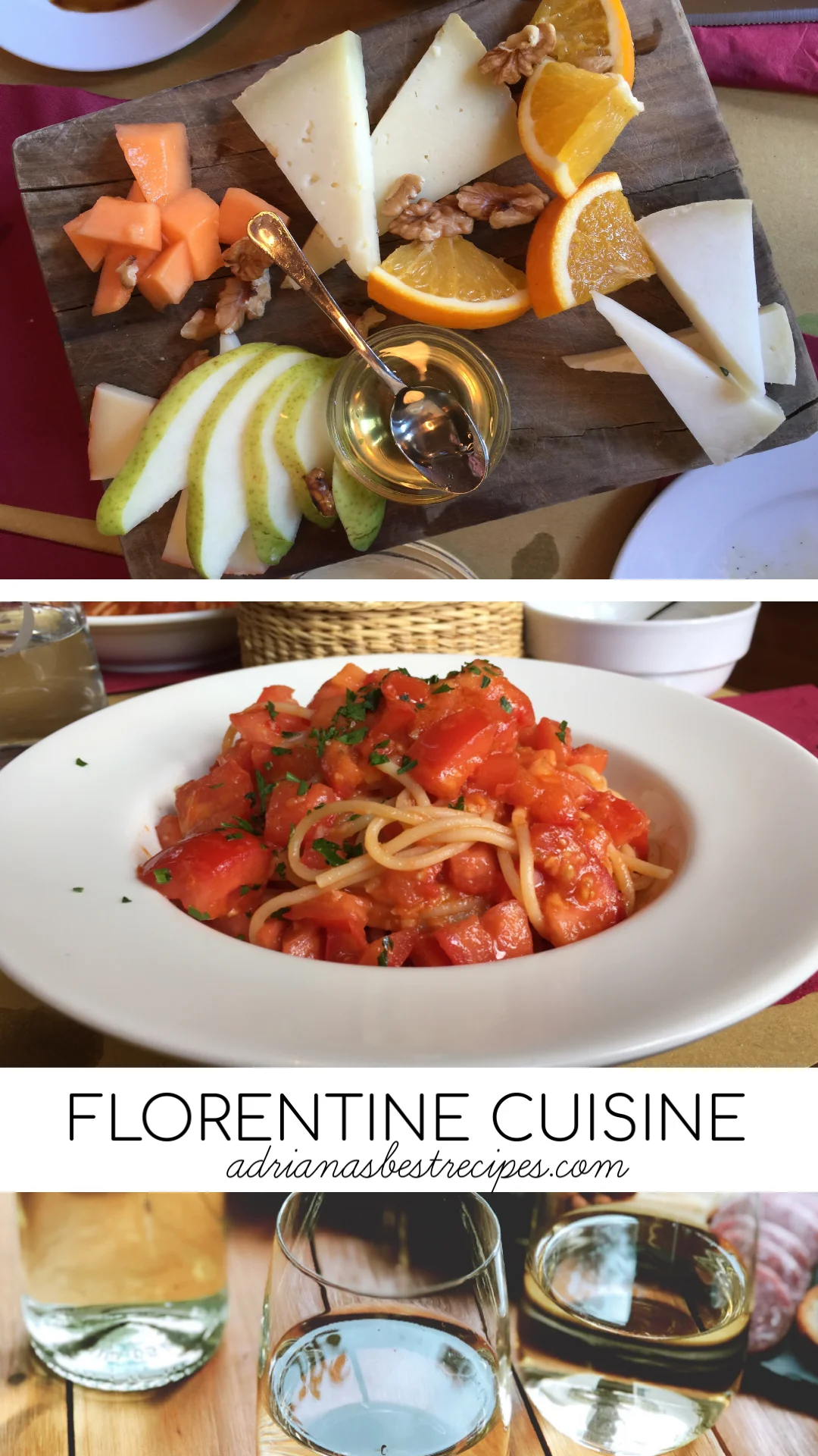 Two pictures of Florentine cuisine dishes including a small cheese board for two