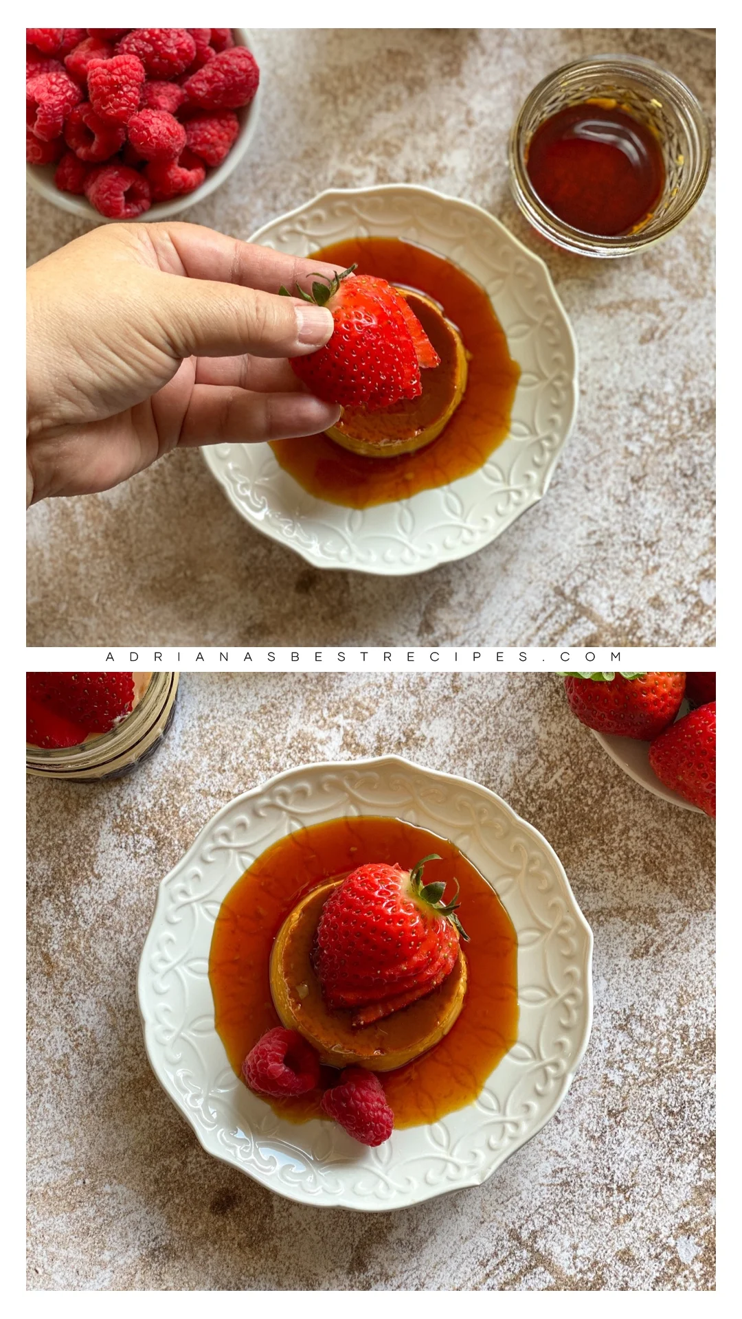 a hand decorating flan dessert with berries