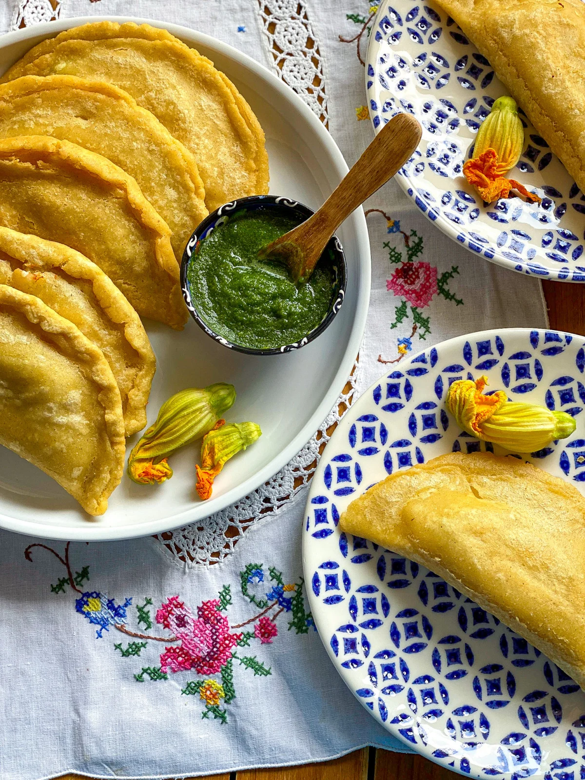 a top shot of zucchini flower quesadillas