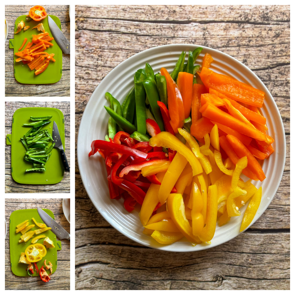 A collage showing cut vegetables on a green cutting board next to a knife. The main image showcases sliced red, yellow, and orange bell peppers with green snap peas on a white plate