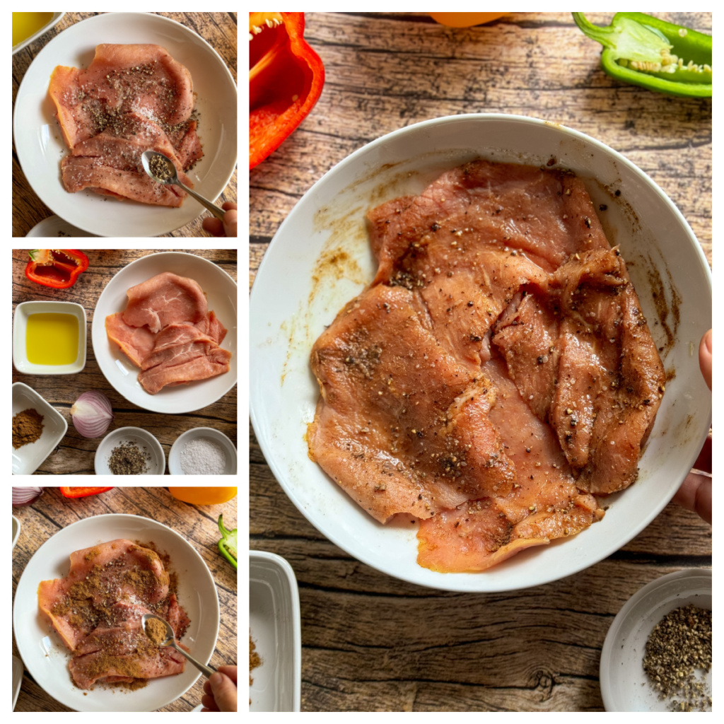 A collage displays the process of seasoning raw veal scaloppini in a bowl with spices, oil, and herbs on a wooden surface
